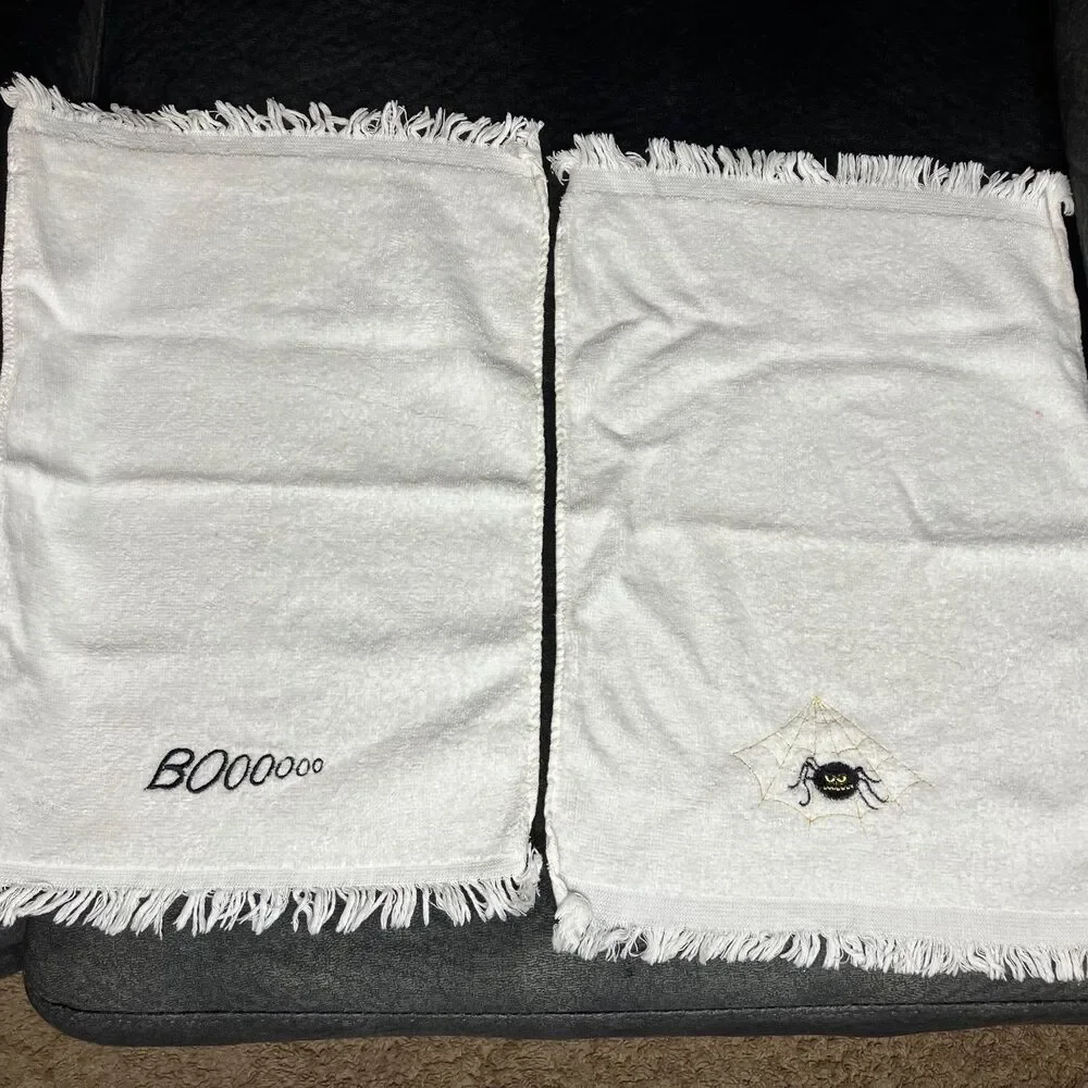 Set Of 2 White Embroidered BOO Spider Web Kitchen Dish or Hand Towels Halloween